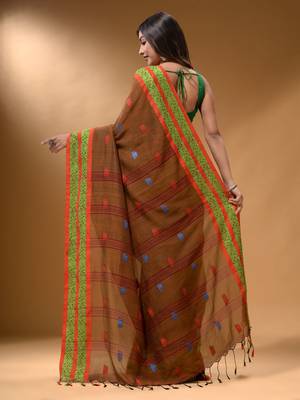 Ochre Yellow Cotton Handspun Soft Saree With Nakshi Border 4