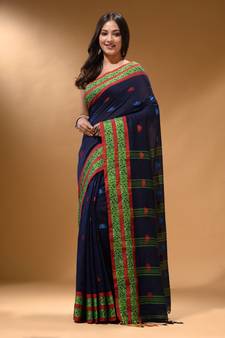 Navy Blue Cotton Handspun Soft Saree With Nakshi Border