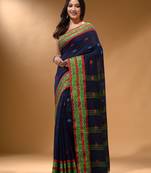Navy Blue Cotton Handspun Soft Saree With Nakshi Border