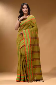 Mustard Cotton Handspun Soft Saree With Nakshi Border
