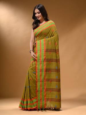 Mustard Cotton Handspun Soft Saree With Nakshi Border 3