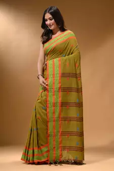 Mustard Cotton Handspun Soft Saree With Nakshi Border