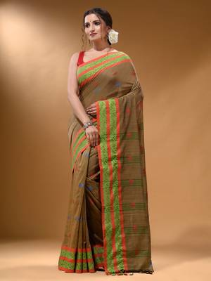 Beige Cotton Handspun Soft Saree With Nakshi Border 1