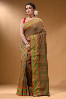Beige Cotton Handspun Soft Saree With Nakshi Border