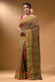 Beige Cotton Handspun Soft Saree With Nakshi Border