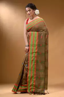 Beige Cotton Handspun Soft Saree With Nakshi Border