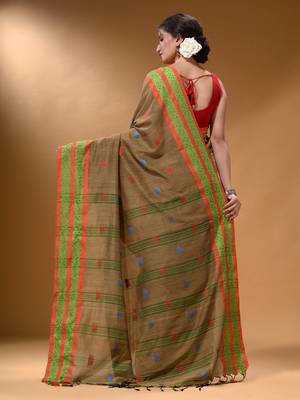 Beige Cotton Handspun Soft Saree With Nakshi Border 4