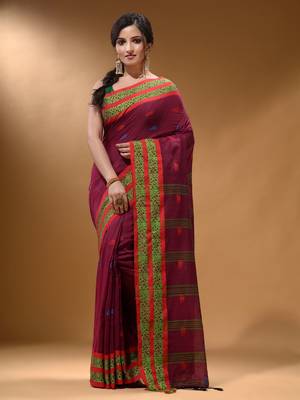 Magenta Cotton Handspun Soft Saree With Nakshi Border 1