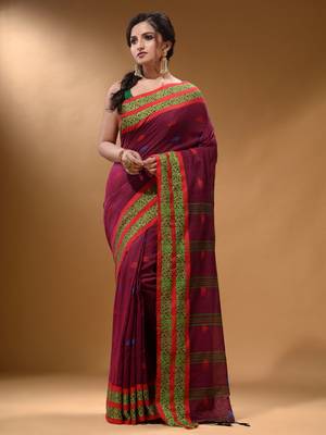Magenta Cotton Handspun Soft Saree With Nakshi Border 2