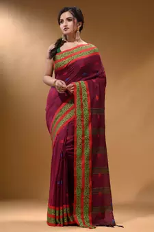 Magenta Cotton Handspun Soft Saree With Nakshi Border