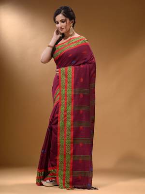 Magenta Cotton Handspun Soft Saree With Nakshi Border 3
