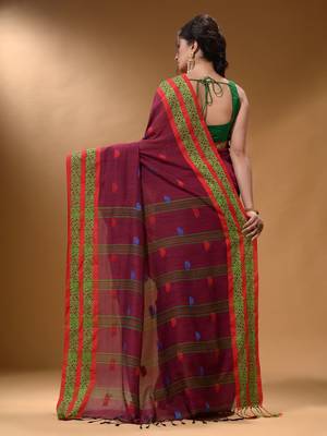 Magenta Cotton Handspun Soft Saree With Nakshi Border 4