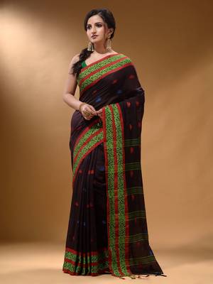 Dark Chocolate Cotton Handspun Soft Saree With Nakshi Border 1