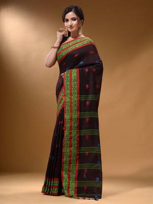 Dark Chocolate Cotton Handspun Soft Saree With Nakshi Border 2