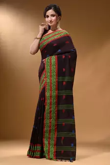 Dark Chocolate Cotton Handspun Soft Saree With Nakshi Border
