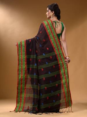Dark Chocolate Cotton Handspun Soft Saree With Nakshi Border 3
