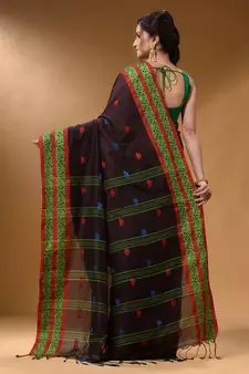 Dark Chocolate Cotton Handspun Soft Saree With Nakshi Border