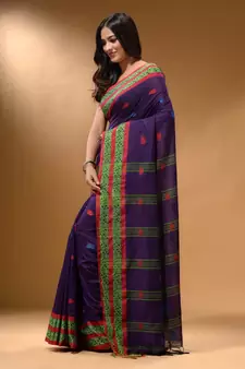Purple Cotton Handspun Soft Saree With Nakshi Border
