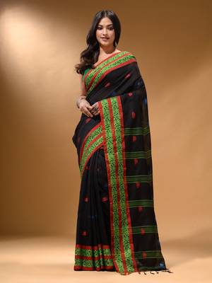 Black Cotton Handspun Soft Saree With Nakshi Border 1