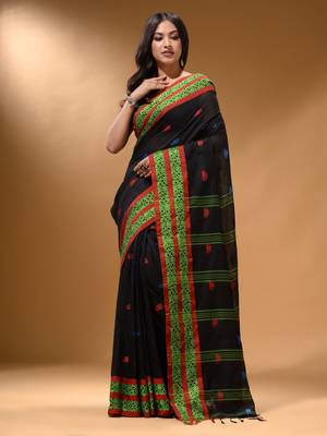 Black Cotton Handspun Soft Saree With Nakshi Border 2