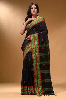 Black Cotton Handspun Soft Saree With Nakshi Border