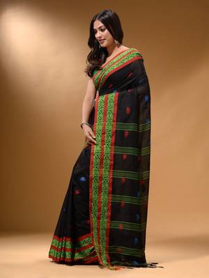 Black Cotton Handspun Soft Saree With Nakshi Border 3