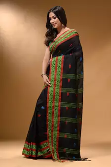 Black Cotton Handspun Soft Saree With Nakshi Border