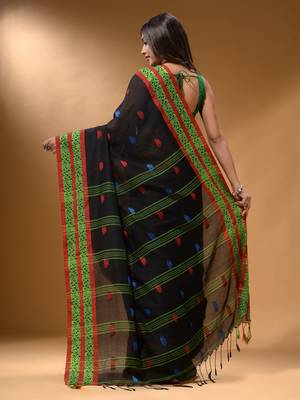 Black Cotton Handspun Soft Saree With Nakshi Border 4
