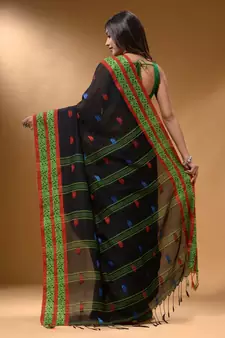 Black Cotton Handspun Soft Saree With Nakshi Border