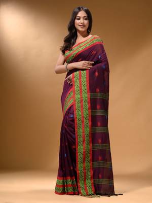 Magenta Cotton Handspun Soft Saree With Nakshi Border 1