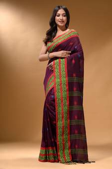 Magenta Cotton Handspun Soft Saree With Nakshi Border