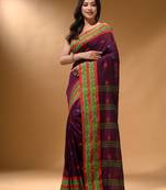 Magenta Cotton Handspun Soft Saree With Nakshi Border
