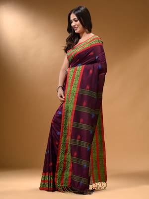Magenta Cotton Handspun Soft Saree With Nakshi Border 2
