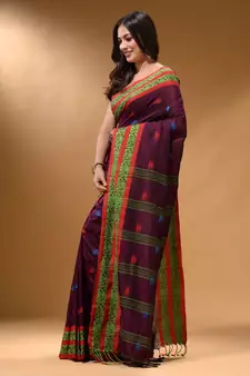 Magenta Cotton Handspun Soft Saree With Nakshi Border