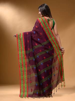 Magenta Cotton Handspun Soft Saree With Nakshi Border 3