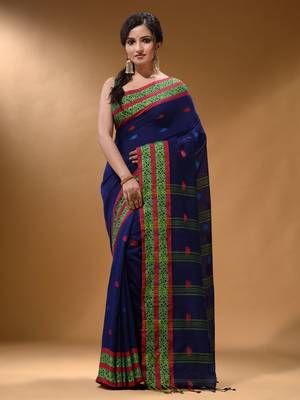 Royal Blue Cotton Handspun Soft Saree With Nakshi Border 1