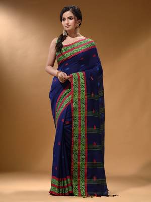 Royal Blue Cotton Handspun Soft Saree With Nakshi Border 2