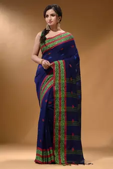 Royal Blue Cotton Handspun Soft Saree With Nakshi Border