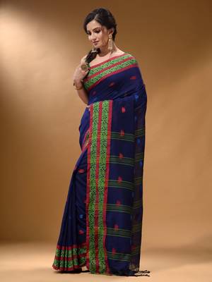 Royal Blue Cotton Handspun Soft Saree With Nakshi Border 3