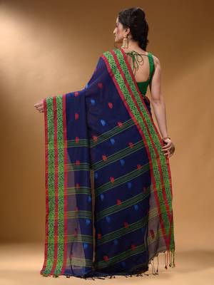 Royal Blue Cotton Handspun Soft Saree With Nakshi Border 4