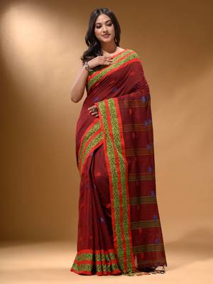 Brick Red Cotton Handspun Soft Saree With Nakshi Border 1