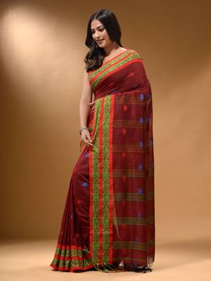 Brick Red Cotton Handspun Soft Saree With Nakshi Border 2