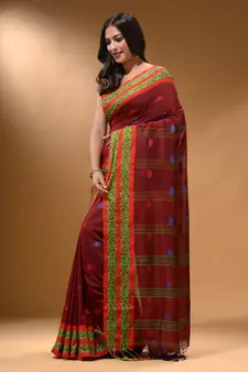 Brick Red Cotton Handspun Soft Saree With Nakshi Border