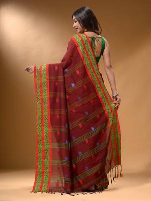 Brick Red Cotton Handspun Soft Saree With Nakshi Border 3