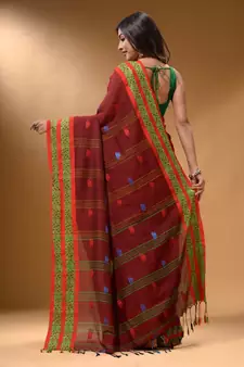 Brick Red Cotton Handspun Soft Saree With Nakshi Border