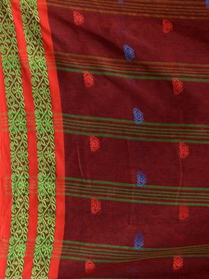 Brick Red Cotton Handspun Soft Saree With Nakshi Border 4