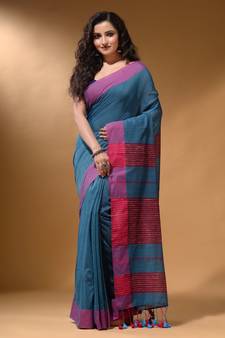 Olympic Blue Cotton Handspun Soft Saree With Pompom