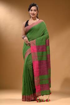 Green Cotton Handspun Soft Saree With Pompom