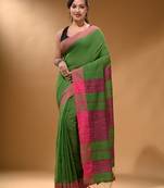 Green Cotton Handspun Soft Saree With Pompom
