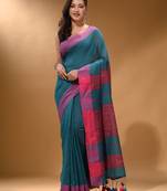 Teal Cotton Handspun Soft Saree With Pompom